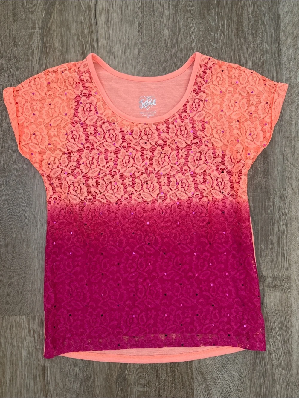 Justice Girls' Coral to Magenta Ombre Lace Short Sleeve Tee